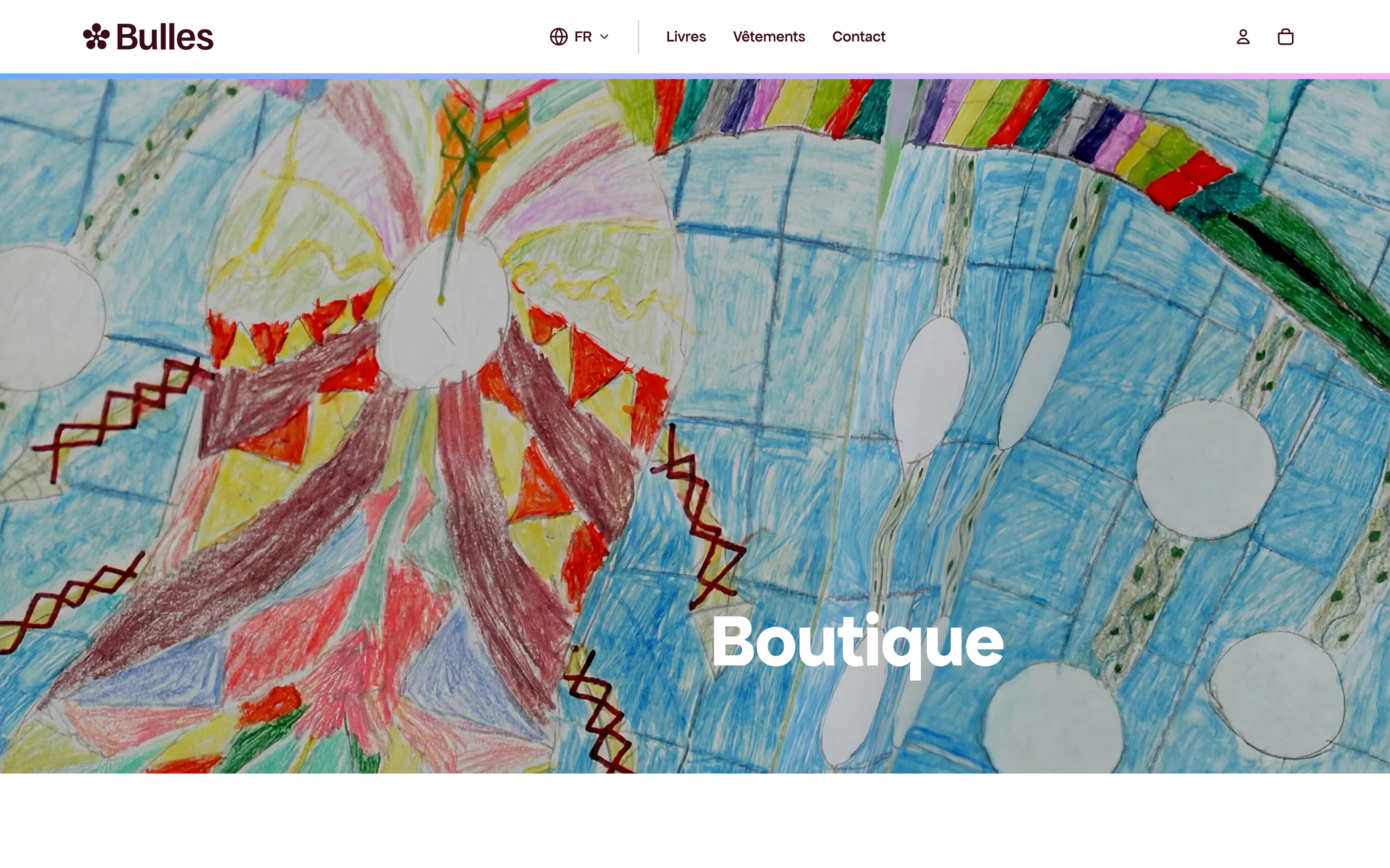 boutique.projetbulles.com: the shop's home page, a student's crayon drawing as the hero behind the word Boutique