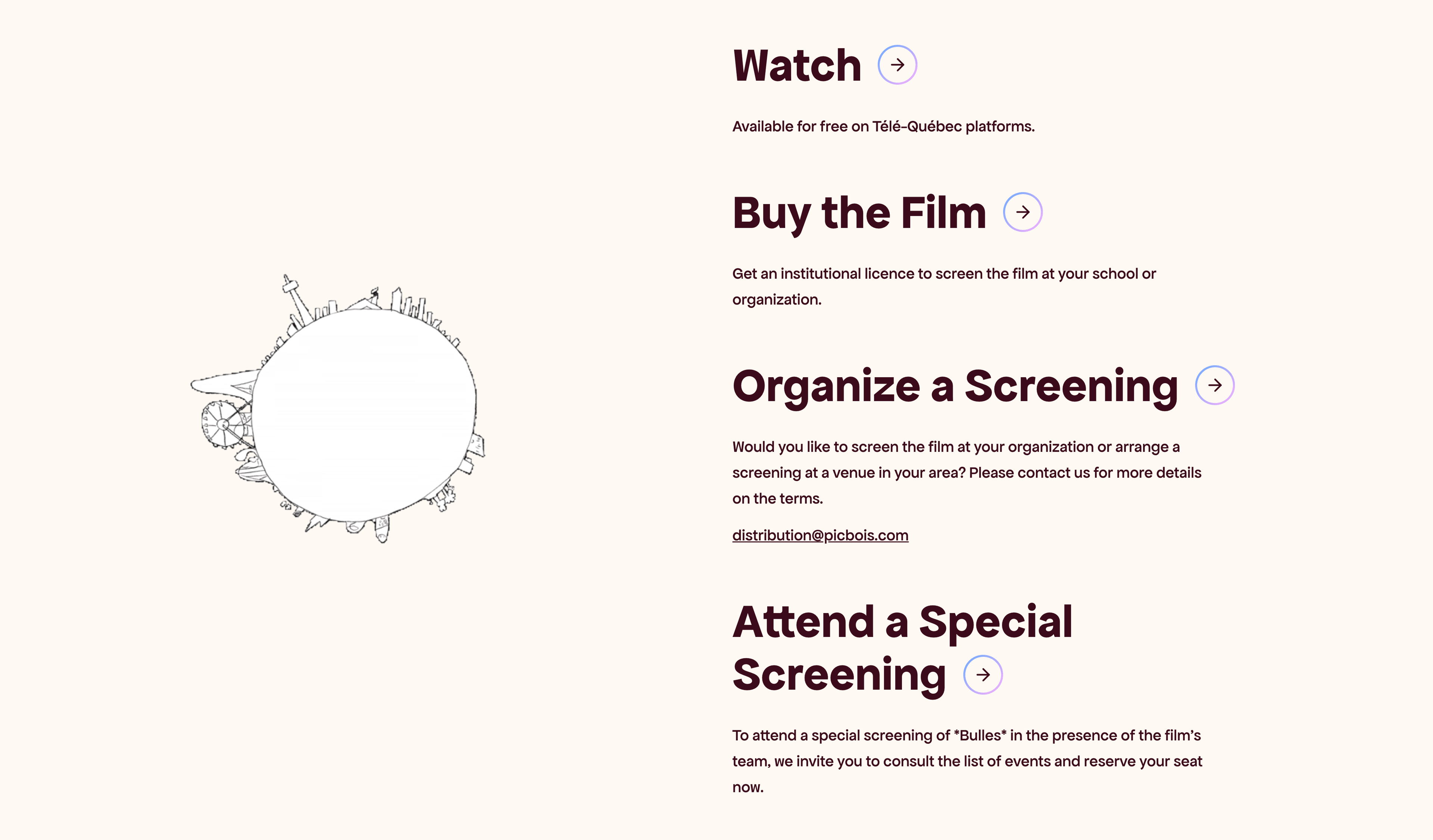 projetbulles.com, the film block: a student's line drawing on the left and four calls on the right, Watch, Buy the Film, Organize a Screening, Attend a Special Screening