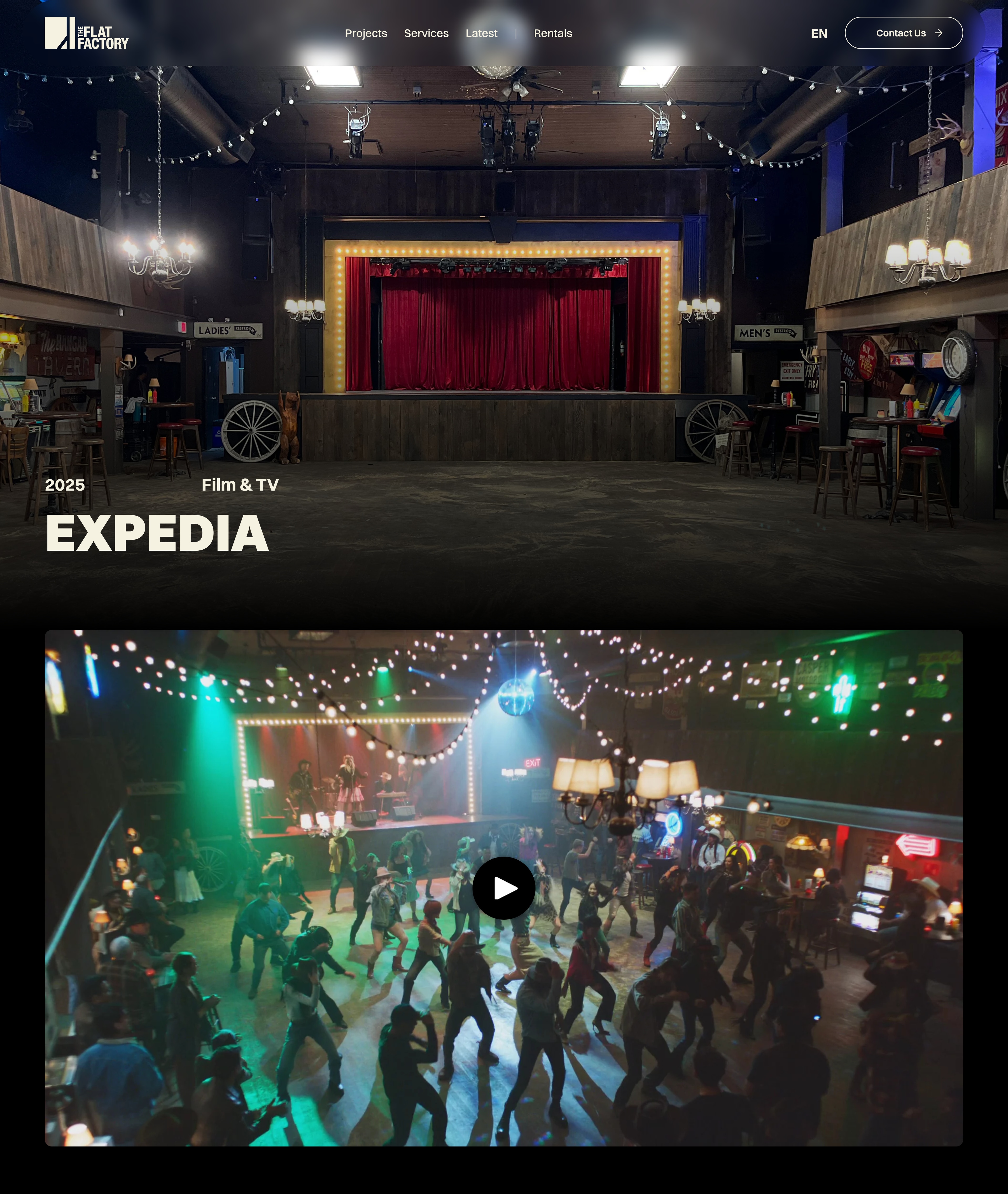 The Expedia project page in colour: a roadhouse stage with a red curtain under string lights, and below it the commercial with its play button